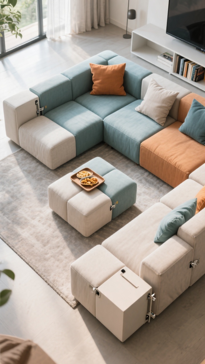 Detail/overhead hybrid shot: A modular sectional split into two micro-zones—one lounge area and one reading nook—showing reconfigurable pieces; a double-duty ottoman with a tray for snacks in the lounge zone; pillows color-coded by zone (warm tones for the reading nook, cool tones for the TV area) to visually separate spaces; discreet, hidden connectors or clips ready nearby to keep modules together; adaptable, lived-in feel with practical surfaces and soft textures; bright, natural daylight; photorealistic.
