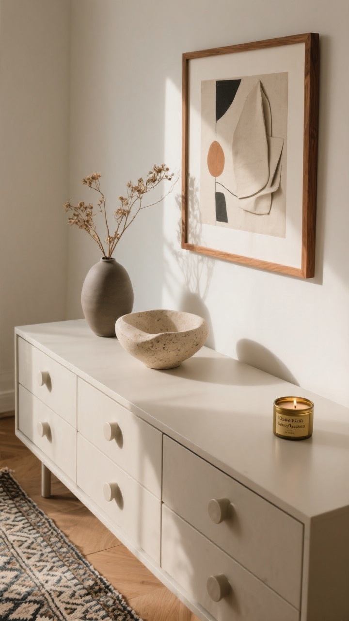 Detail overhead shot of a dresser top: Curated minimal, soulful decor—one sculptural travertine bowl and a matte ceramic vase with dried stems, ample negative space; a neutral abstract art piece in a warm wood frame on the wall above; a folded low-contrast Moroccan-inspired rug edge visible at the floor; a small brass candle tin labeled sandalwood/amber for signature scent; warm, diffused light creating calm shadows; no people, photorealistic.