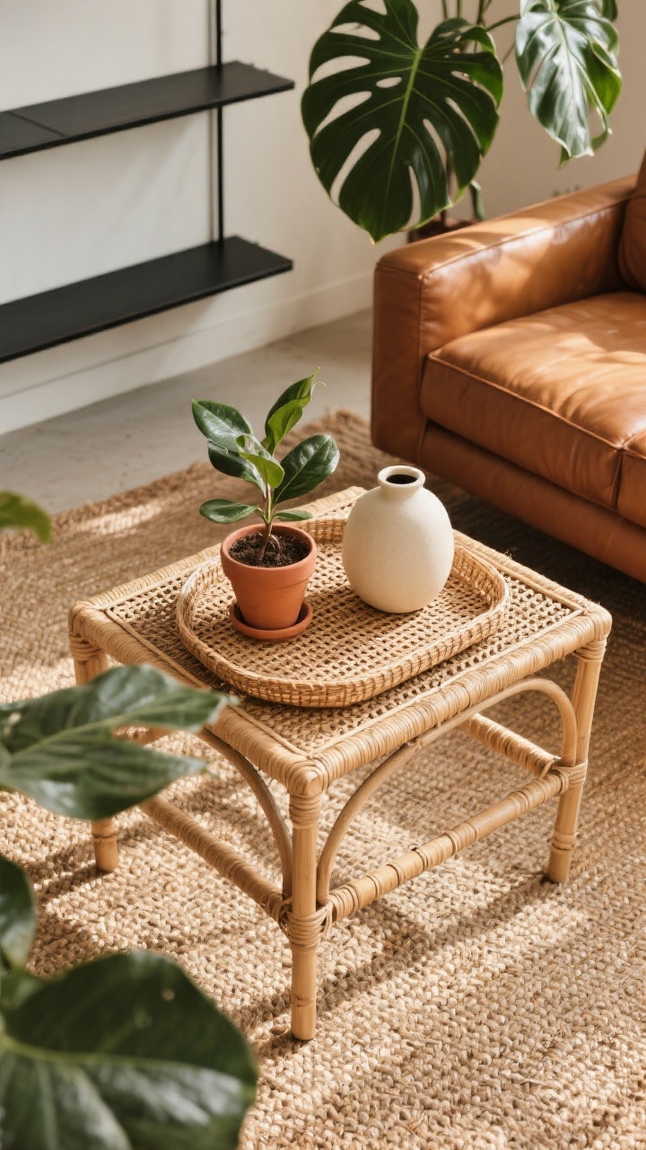 Detail overhead shot, Warm Organic Look: top-down view of a natural jute rug beneath a rattan side table holding a woven tray, terracotta planter, and matte cream ceramic vase; edge of a cognac leather couch peeking in; leafy monstera and rubber tree leaves framing the composition; a slim black metal shelf line in the background for contrast; sunlit, warm tones, texture-focused, photorealistic