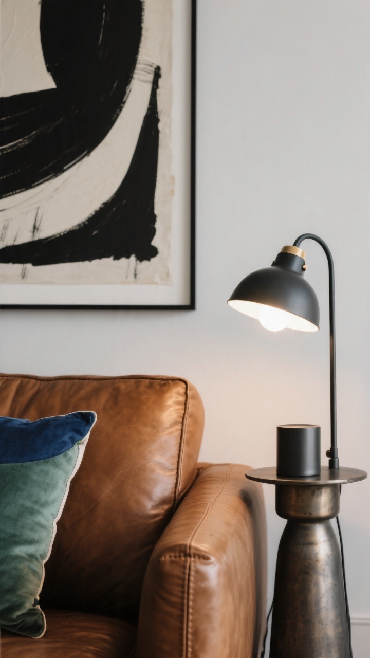 Detail shot, closeup: A styled vignette near the brown leather couch—edge of a pillow with a tiny pop of sage or inky blue, a brushed black or muted nickel lamp base, and the corner of a large black-and-cream abstract artwork in frame. Warm-white bulb glow (2700–3000K) casts a cozy light on the leather grain. Minimal, intentional accents; serene Scandinavian mood with restrained color pops. Photorealistic.