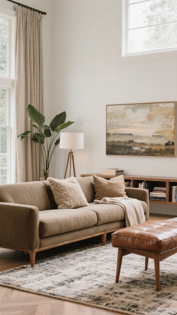 Detail-to-medium composite vignette scaling elements to a big couch: a large rug with front legs of all main seating resting on it; above-sofa art spanning roughly two-thirds the couch width or a gallery wall that matches its breadth; long console or low bookcases for balanced storage; vertical elements—tall plant, floor lamp, and full-height drapery hung 4–6 inches above window trim—to lift the eye; mixed textures (bouclé pillow, linen throw, leather ottoman, wood tones) and a repeated couch color echoed in two accessories; soft daylight, no people