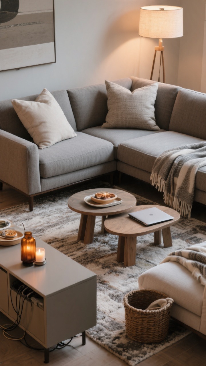 Detail-to-medium shot styled for real life comfort without compromise: a modular performance-fabric sectional with breathing room—about 18 inches to a coffee table and 30–36 inches for walkways. Show “throw science”: two large 24-inch pillows anchoring the corners, with 2–3 mixed sizes centered, edited and intentional. A plush rug under the front legs ties the zone; nesting side tables partially slid over a chaise for laptop or brunch trays. Include discreet storage: a closed credenza with concealed cords and a lidded basket for throws. Add a subtle scent cue via an amber-glass diffuser or candle on a side table. Soft, cozy evening light.