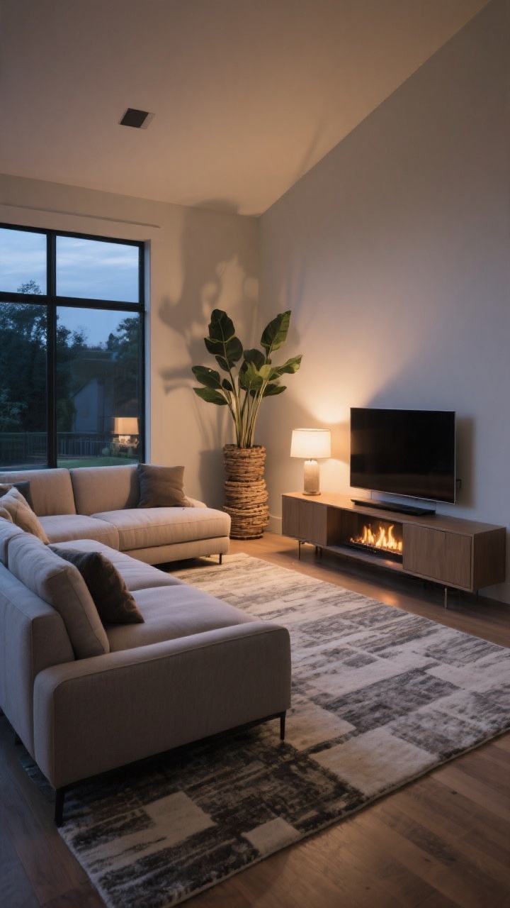 Diagonal room shot: A sectional placed at a subtle angle, pointing directly at an off-center TV or fireplace; the area rug rotated slightly to echo the sectional’s diagonal for cohesion; a corner credenza or angled console supporting the TV to keep lines consistent; the negative corner behind the sofa filled with a tall plant or stacked baskets; softened, dynamic composition that reduces boxiness; evening scene with warm lamp light and gentle fireplace or media glow; photorealistic.