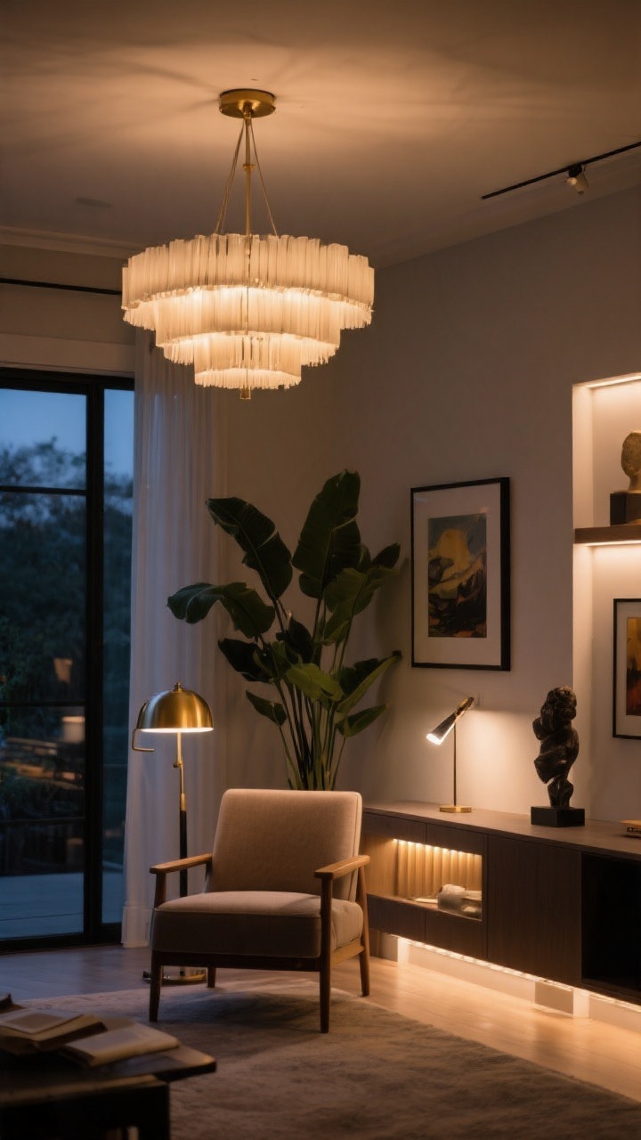Evening, corner-angle wide shot layering light: ambient chandelier on a dimmer washing the room in a soft 2700–3000K glow; task lighting with a brass reading lamp beside a chair and picture lights illuminating art; accent lighting with LED strips in built-ins, an uplight behind a large plant, and a small spotlight on a sculpture for gallery vibes. High-CRI bulbs render rich, inviting colors. No people, photorealistic, moody yet cozy atmosphere.