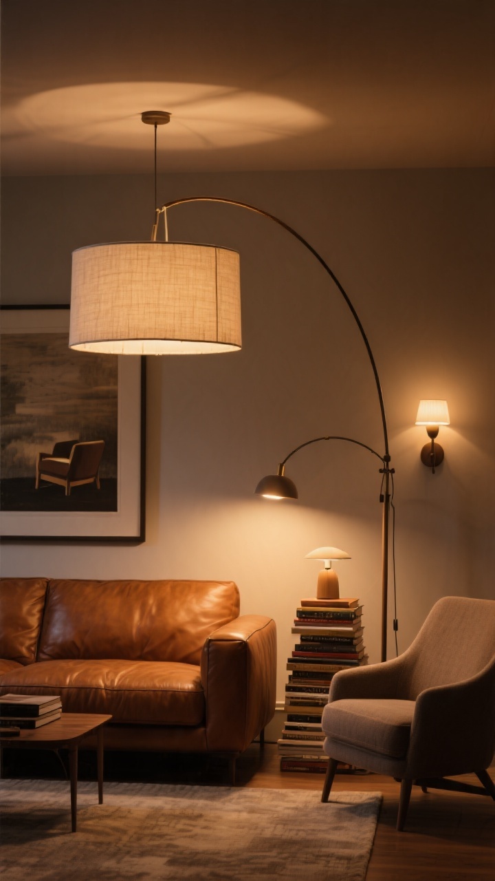 Evening medium shot: a cognac leather sofa glowing under layered cozy lighting—the ambient layer from a large linen drum pendant, task lighting from an arc floor lamp arcing over the sofa and a swing-arm sconce by a reading chair, plus accent lighting with a picture light above framed art and a tiny table lamp on a stack of books; warm 2700–3000K bulbs; no overhead glare; photorealistic.
