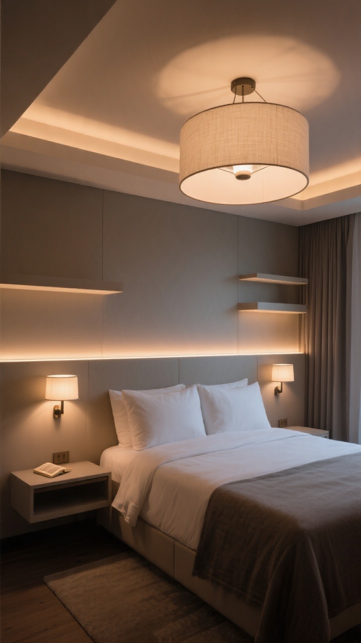 Evening wide shot, boutique-hotel mood: layered lighting plan in a small modern bedroom. Ambient: semi-flush ceiling fixture with a linen shade casting a soft, even glow (no exposed bulbs). Task: two dimmable wall sconces beside the headboard for reading. Accent: subtle LED strips under floating shelves and a soft backlight behind the headboard, creating a designer halo. Warm LEDs at 2700–3000K for cozy, flattering tone; neutral palette and minimal glare.