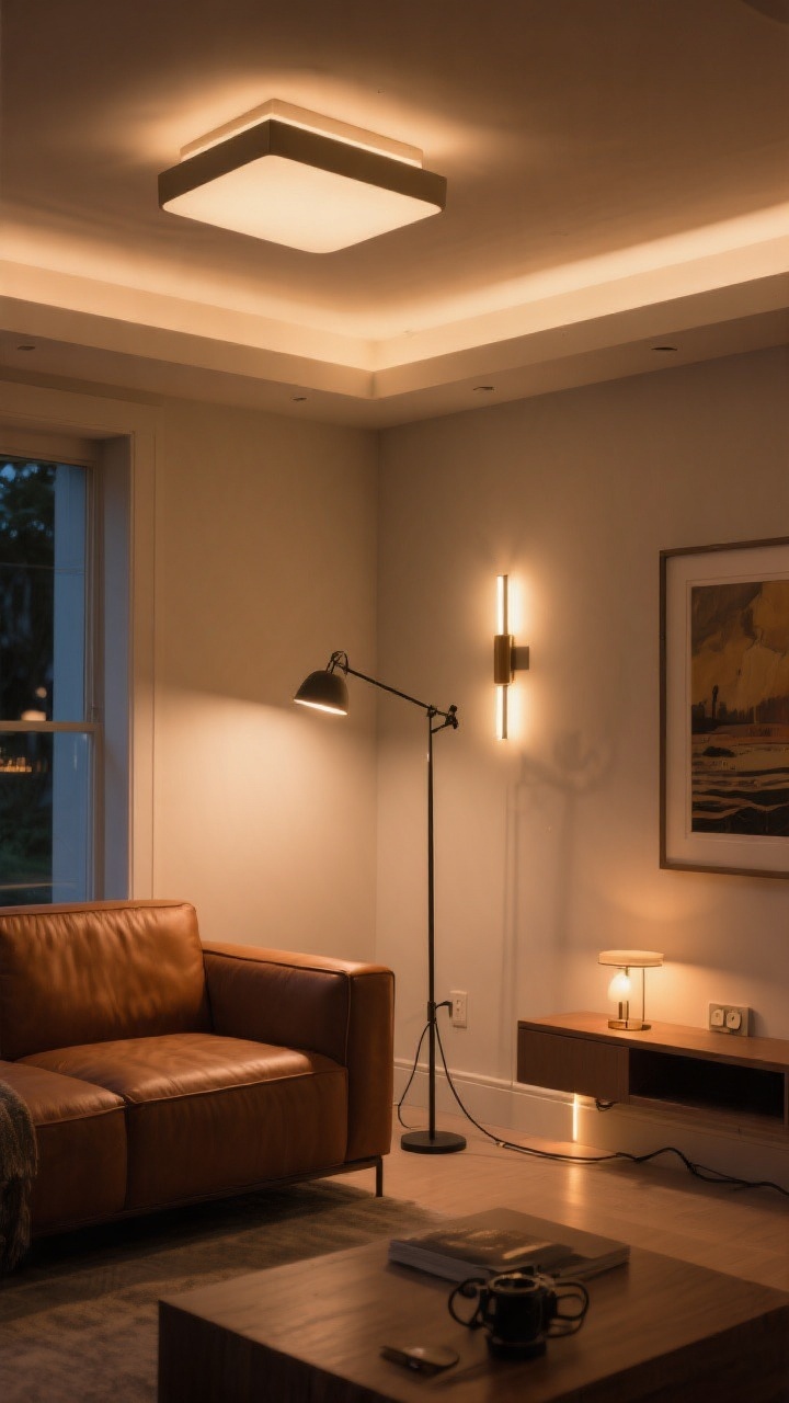 Evening wide shot demonstrating layered lighting: warm 2700K ambient from a stylish flush or semi-flush ceiling fixture, task lighting via a slim floor lamp beside the cognac sofa arm or a swing-arm wall sconce, plus accent glow from a picture light over art and an LED strip on a shelf or a tiny lamp on a console; dimmers engaged for cozy mood; cords neatly hidden with paint-matched cable channels; camera from a corner angle showing multiple light sources and their warm interplay, photorealistic.