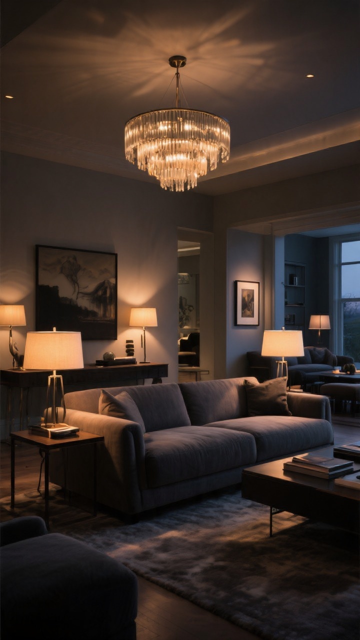 Evening wide shot emphasizing layered lighting that defines the living zone: a statement chandelier centered over the seating area spanning at least half the sofa length; two task floor lamps flanking or slightly behind the sofa to frame a reading nook; a console table behind the sofa with a warm-glow table lamp and a pair of picture lights illuminating artwork; dimmers set for a cozy movie-night ambiance; the large sofa reads as an inviting anchor rather than a dark mass; soft pools of light create pathways toward adjacent zones; photorealistic.