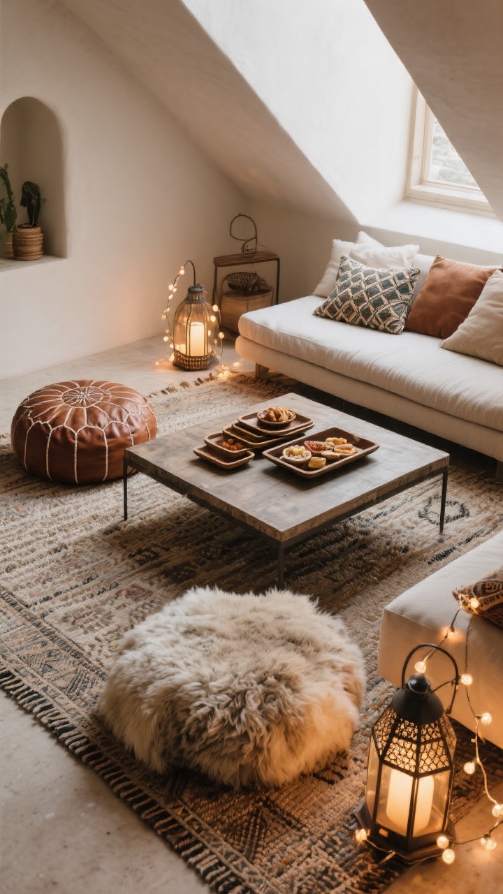 Low-angle medium shot of a floor-level lounge zone: flat-weave rug base layered with a cozy sheepskin, two Moroccan leather poufs, oversized floor cushions, and a low daybed; a low coffee table with stacked trays for snacks; lanterns and string lights providing ambient, low glow; relaxed, social atmosphere.