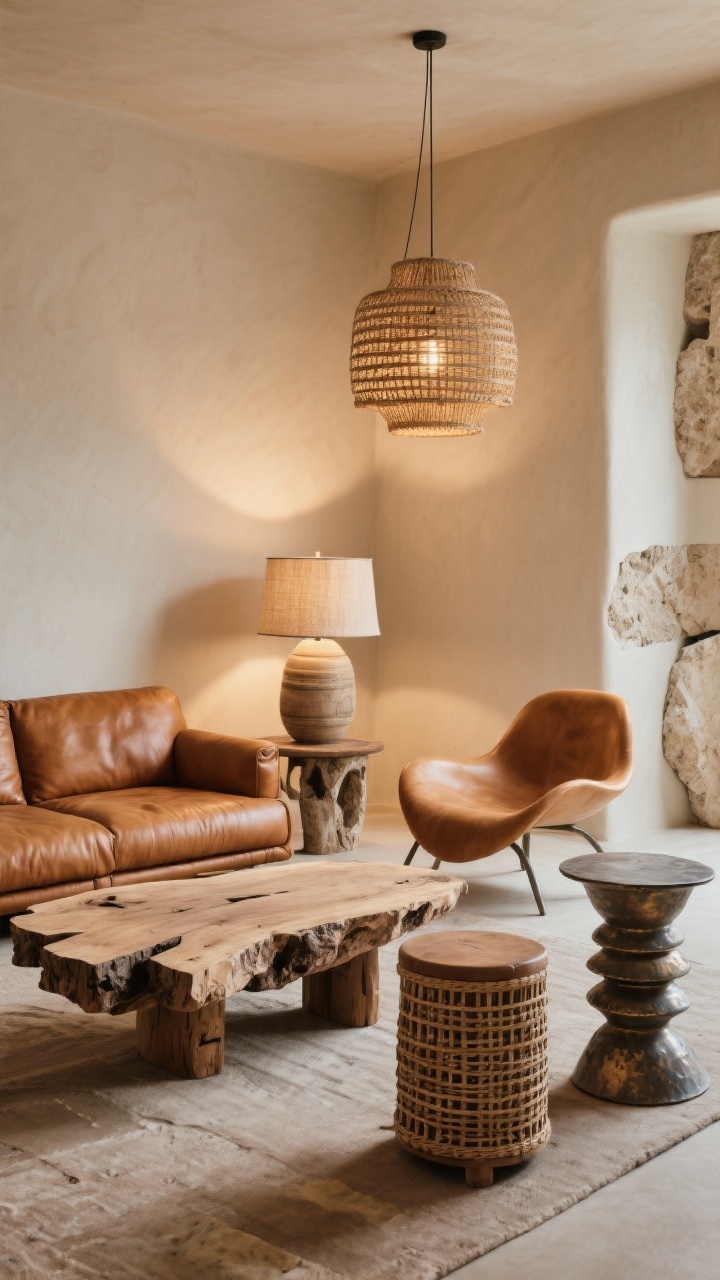 Medium angular shot focusing on organic shapes and natural materials around a cognac tan leather sofa: a reclaimed wood slab coffee table with irregular edges, a rattan drum side table, a stacked ceramic side table, and a hammered metal accent table; lighting includes a woven pendant overhead and a linen drum-shade table lamp, with one sculptural curvy accent chair breaking up boxy lines; textures of travertine or petrified wood visible as accents; warm, glowy lighting, boho-organic feel, no people