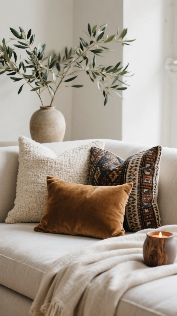 Medium closeup on the sofa: a tight, sophisticated pillow arrangement—22-inch pillows at the back, 20-inch in front, and a tailored lumbar—mixing bouclé, linen, a single velvet, and a vintage kilim pattern. Color story stays to 3–4 hues: camel, cream, charcoal, and one chosen accent color. A lightweight linen throw (seasonal swap) draped neatly. Nearby, sculptural greenery like an olive branch in a ceramic vessel and a woodsy candle in a matte ceramic jar. Plump down-alternative inserts create crisp, non-floppy forms. Soft ambient daylight.
