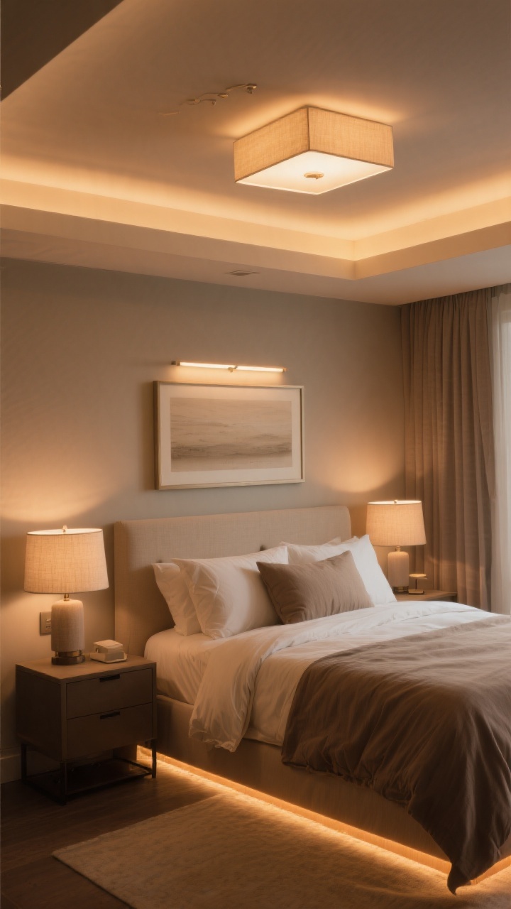 Medium corner angle: A bedroom vignette emphasizing layered warm, dimmable lighting—shaded flush-mount ceiling fixture with 2700K bulbs for ambient glow, matching fabric-shade bedside lamps on nightstands for task light, a picture light softly illuminating neutral art above the bed, and a discreet warm LED strip under the bed creating hotel-like underglow; linen bedding in warm beige and taupe; lighting set to a cozy low level; no people, photorealistic.