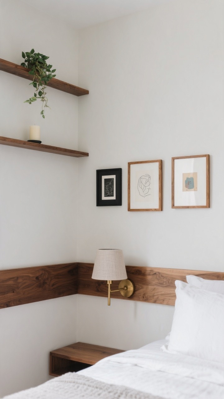 Medium corner angle: A slim oak picture ledge (3–4 inches deep) running behind a bed, styled with a rotating mini-gallery—three pieces clustered in odd numbers: a small black-framed print, an oak-framed line drawing, and a petite canvas; alongside, a brass sconce with a linen shade echoes repeated materials; an additional narrow floating shelf higher up draws the eye upward; minimal greenery and a single candle complete the curated, airy storage vibe.