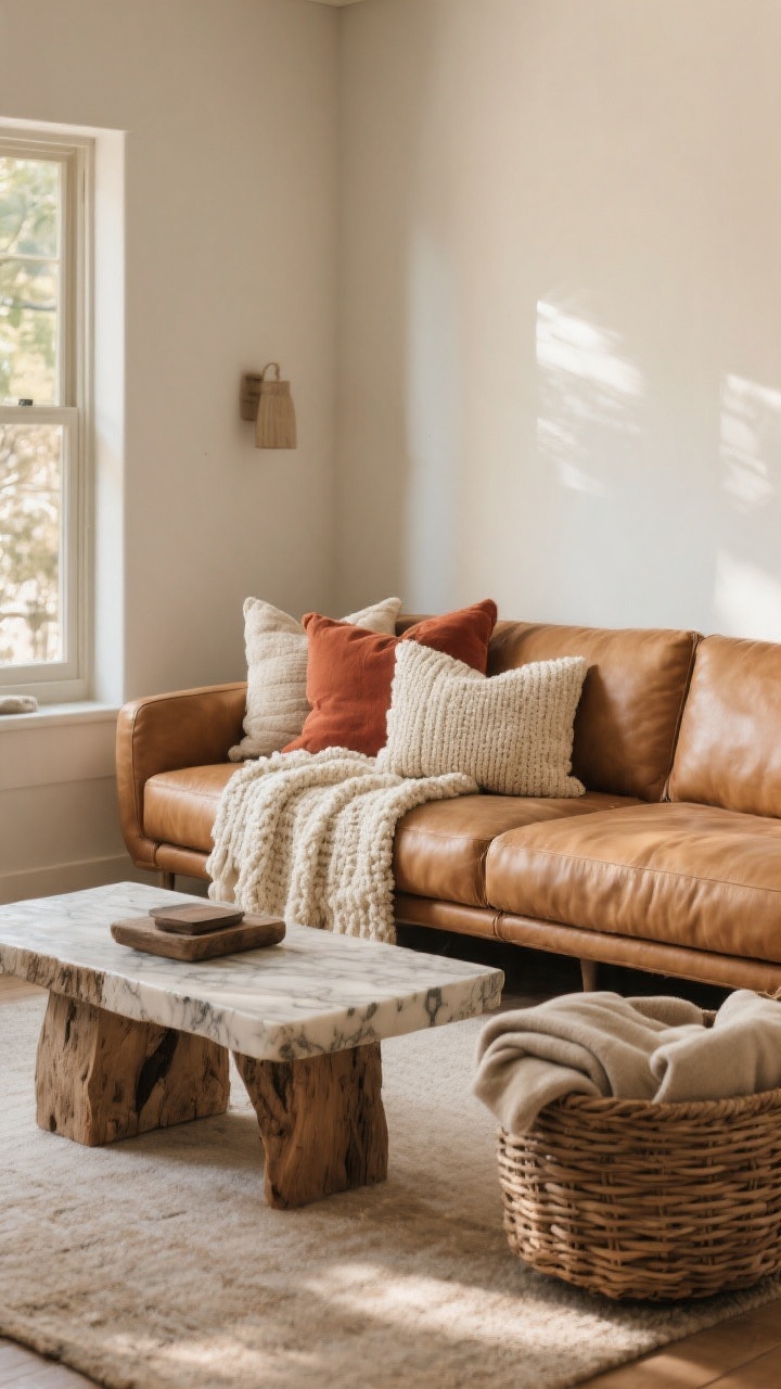 Medium corner angle of the seating area: camel leather couch paired with layered textures—cream bouclé or chunky knit throw, linen and cotton pillows in warm neutrals and rust, a rough-hewn wood coffee table, marble or travertine side table, and a woven basket with folded blankets. Matte-to-soft sheen mix, warm natural daylight skimming surfaces to show tactile variety; photorealistic, intentional, not cluttered.