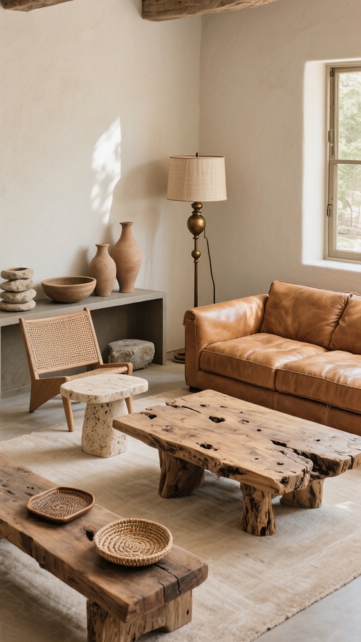 Medium corner-angle shot: a seating area anchored by a camel leather sofa paired with a reclaimed wood coffee table showing knots and imperfections, a travertine side table, and a woven cane accent chair to break up the leather. Lighting includes a bronze floor lamp with a linen drum shade and a ceramic table lamp on a console. Accessories: unglazed clay vases, stacked stone bowls, and woven trays on display. A live-edge wood bench sits beside the sofa, its organic edge contrasting the sofa’s clean lines. Warm, natural daylight with soft shadows, grounded, earthy atmosphere. No people.