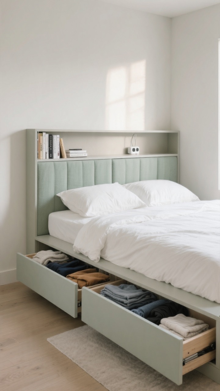 Medium, corner-angle shot focusing on a storage bed with deep drawers partially open, showing neatly folded off-season clothes and extra linens; low-profile frame with a built-in shelf headboard holding a few books and a small charging station; optional trundle edge visible; closed storage emphasized with a tailored fabric panel hiding bins; calm, monochrome bedding in soft white and pale gray-green; warm, diffuse morning light; photorealistic, no people