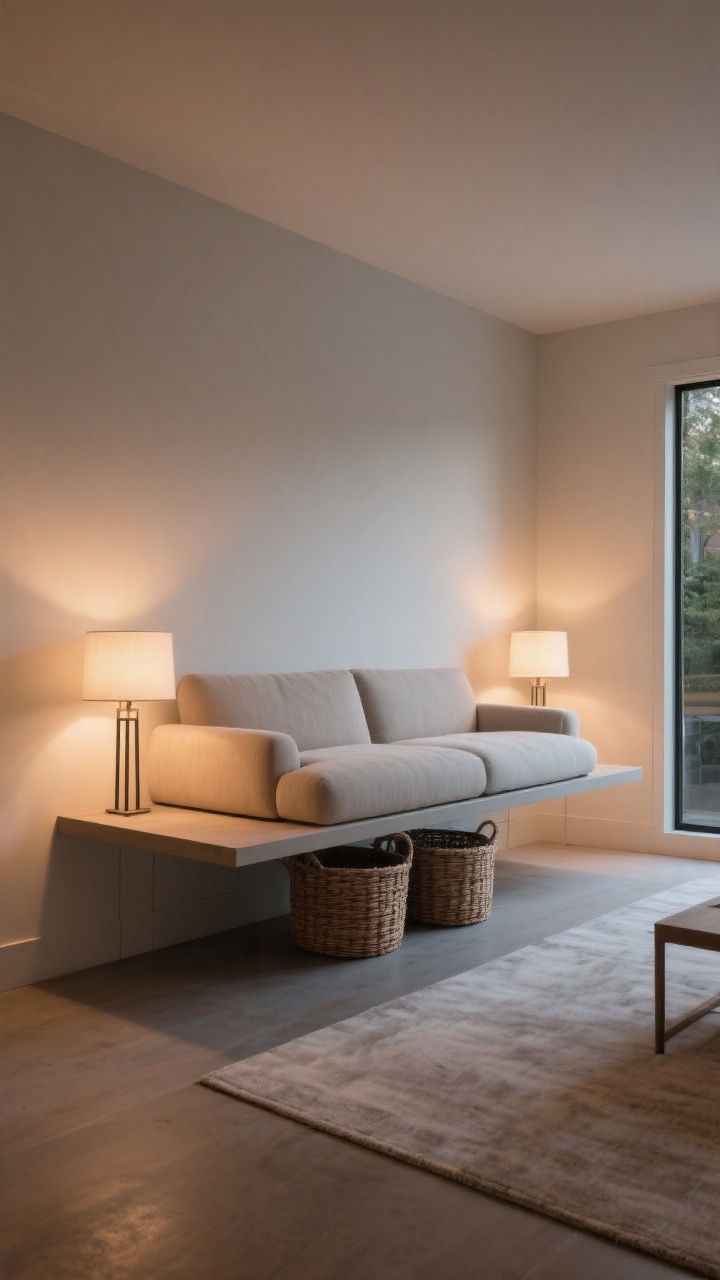 Medium corner-angle shot of a floating oversized sofa pulled a foot off the wall, creating a 30–36 inch clear walkway behind it; a slim console table sits behind the sofa with two baskets tucked beneath and paired lamps on top; two slim floor lamps flank the back corners for ambiance; show natural pathways around and behind the couch for traffic flow; balanced visual weight, intentional design; evening lighting with warm ambient glow emphasizing the breathing room; no people