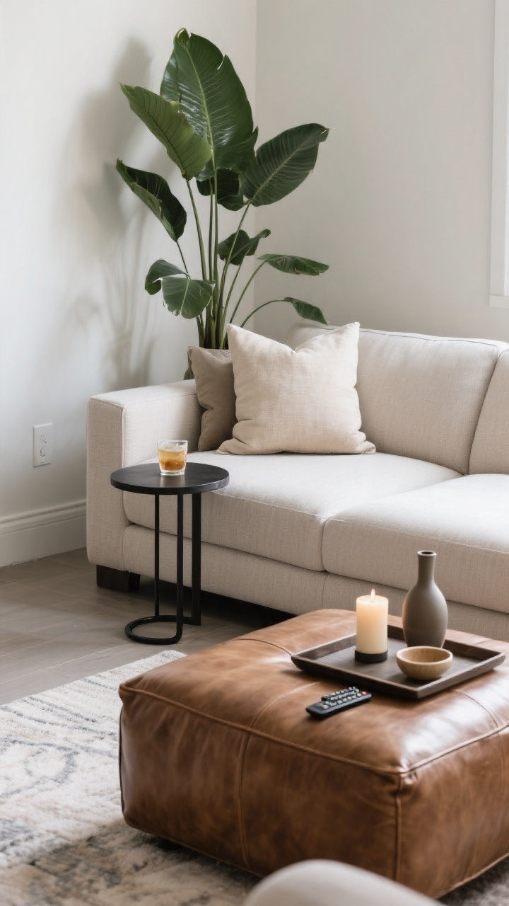 Medium-detail corner angle: The sectional’s interior corner styled with one oversized 24-inch pillow and a lumbar in front for layered comfort; at the arm end, a slim black metal C-table holding a drink within easy reach; a large leather ottoman used as a table with a tray styled with a candle, a low vase, and a small bowl for remotes; a tall leafy plant anchoring the chaise end to solve empty space; tidy, curated look.