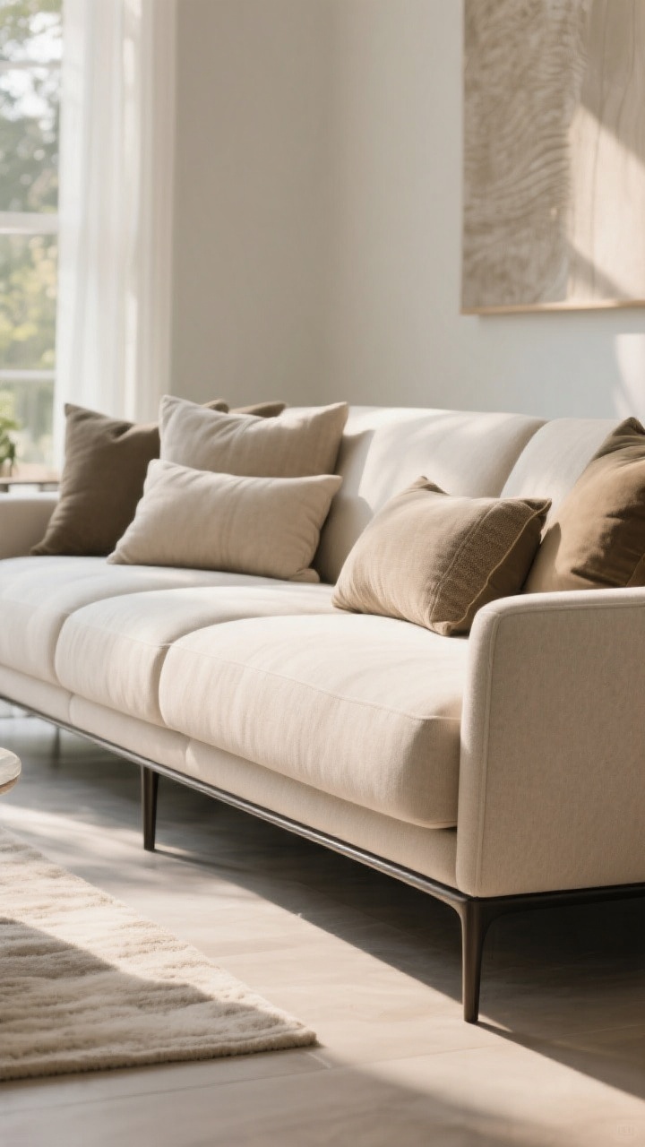 Medium detail shot: A deep sofa with 24–28 inches of usable seat depth shown in profile, slim arms, raised legs to keep it airy, layered pillows including supportive lumbar cushions for mixed heights; soft afternoon light emphasizing plush, nap-worthy comfort and an indulgent, high-end feel without visual heaviness.