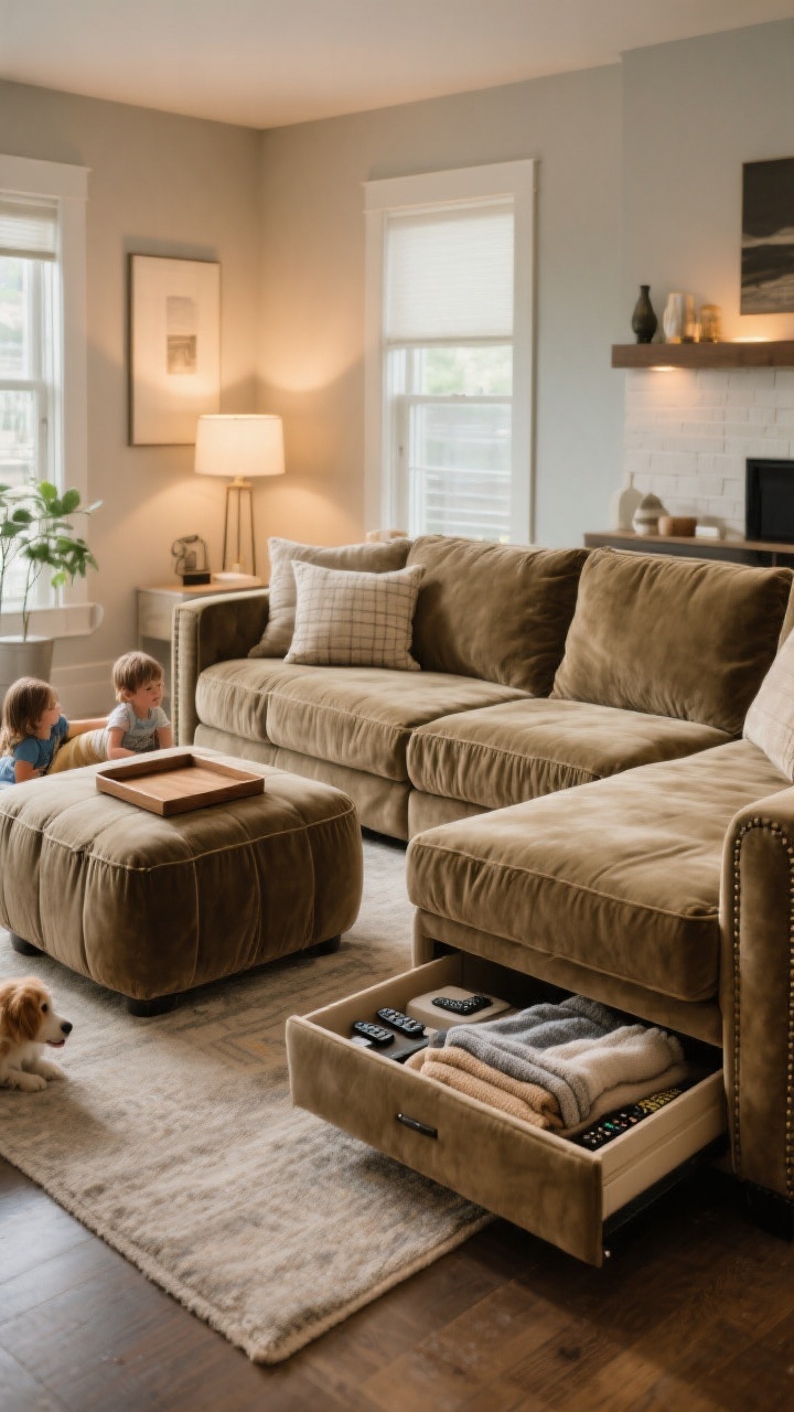 Medium lifestyle vignette (no people): A big family-friendly sofa upholstered in performance velvet or treated linen, with removable slipcovers or zip-off cushions; a large upholstered ottoman with a tray doubling as coffee table and extra seating; hidden storage chaise slightly open to reveal neatly tucked blankets and remotes; warm, practical lighting, a lived-in yet elevated feel perfect for hosting, kids, pets, and movie nights.