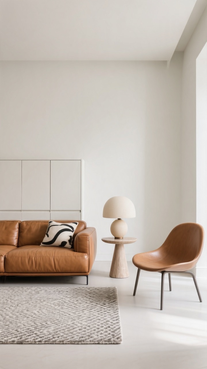 Medium minimalist vignette, Soft Minimalist with Sculptural Shapes: cognac leather sofa with clean lines against white and putty tones; a curved side chair, a pedestal side table, and a chunky rounded lamp as sculptural accents; micro-pattern wool rug underfoot; a single graphic pillow on the sofa (max two total); closed credenza for hidden storage; negative space and clean styling; soft diffuse daylight, straight-on view, photorealistic