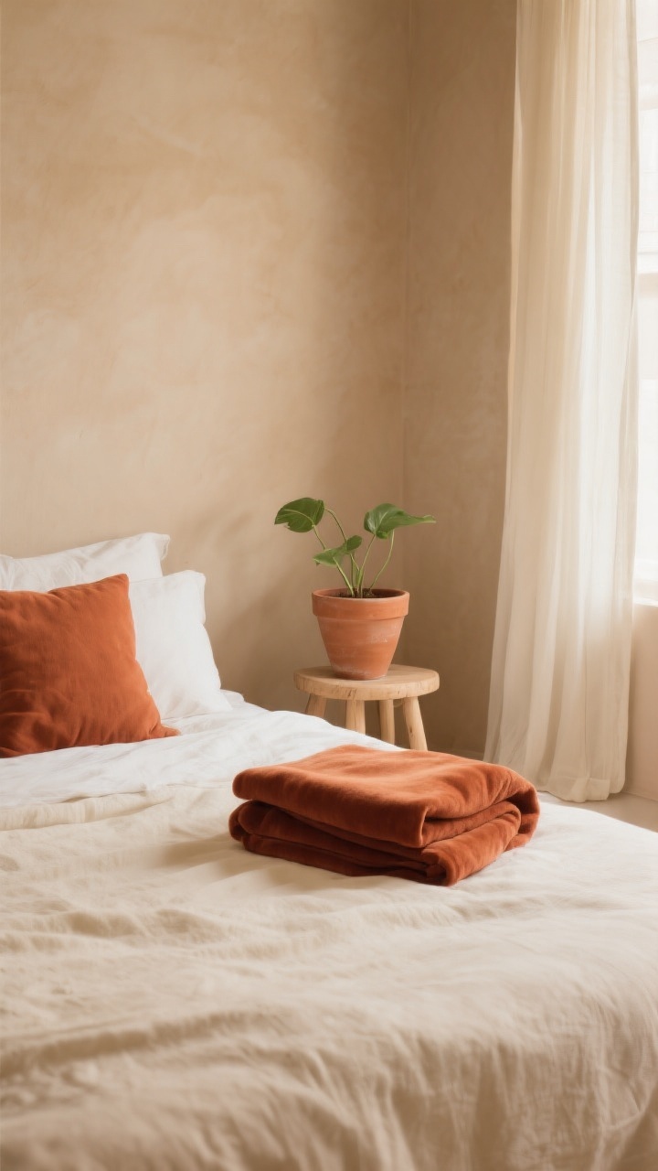 Medium shot: A calm bedroom vignette with warm sand-colored walls, a bed layered in creamy textiles, and small terracotta accents. Terracotta linen throw pillows and a folded terracotta velvet throw sit atop a cream duvet. An unglazed clay planter with a simple green plant rests on a light wood stool, echoing the earthy palette. Creamy sheer curtains diffuse morning light, creating a soft glow across the scene. Photorealistic, straight-on composition.