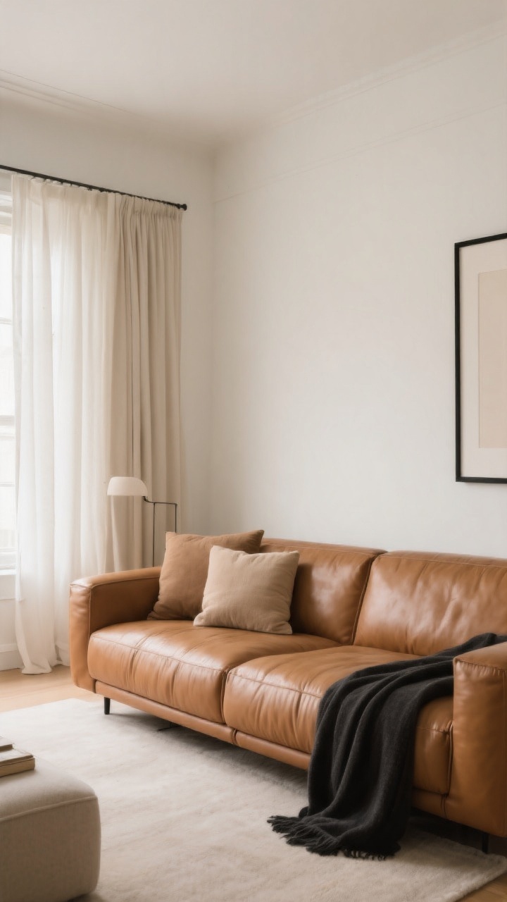 Medium shot: a calm neutral living room featuring a cognac leather sofa against creamy white walls with warm undertones, unlined linen curtains filtering daylight, accents in sand, mushroom, camel, and a touch of charcoal (e.g., a charcoal throw and a slim black picture frame) to ground the palette; overall warm, inviting mood without icy grays; soft ambient daylight, photorealistic.