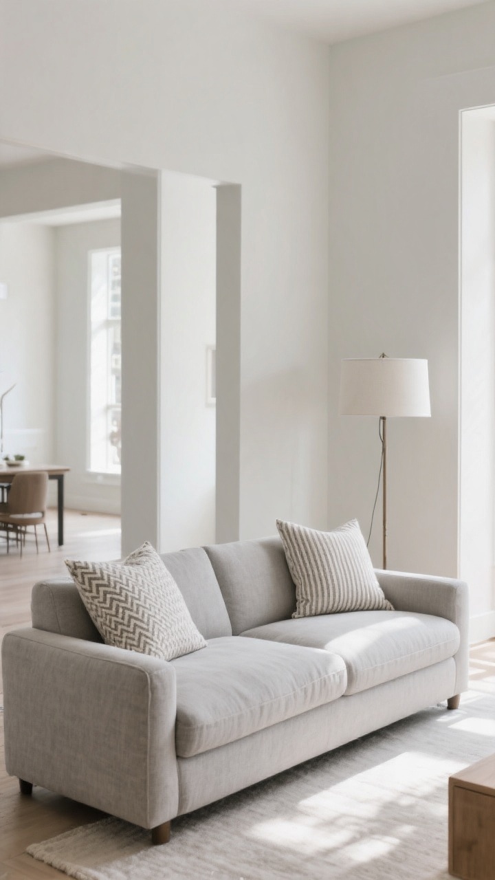 Medium shot: A clean-lined linen-blend sectional with a chaise in a greige/stone tone, tailored cushions and straight arms; two oversized pillows in a subtle micro-pattern (mini herringbone and fine stripe) on the sofa; a slim floor lamp balancing the chaise side; open-concept living area with light walls, airy circulation; soft afternoon light; minimal, purposefully styled accents; photorealistic, angled corner perspective to showcase the chaise without crowding.