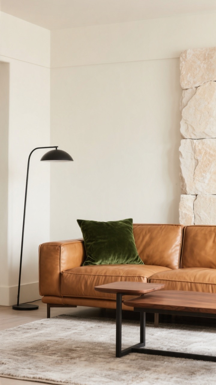 Medium shot: a curated living room vignette with a cognac tan leather sofa against cream walls, an elegant neutral palette of warm whites, stone, and soft beige. Depth elements include a black metal floor lamp with a slim profile and a walnut coffee table. One bold pop: a single deep forest green velvet pillow on the sofa. Greige rug underfoot, matte black metal accents, overall calm, high-end mood with soft, even daylight.
