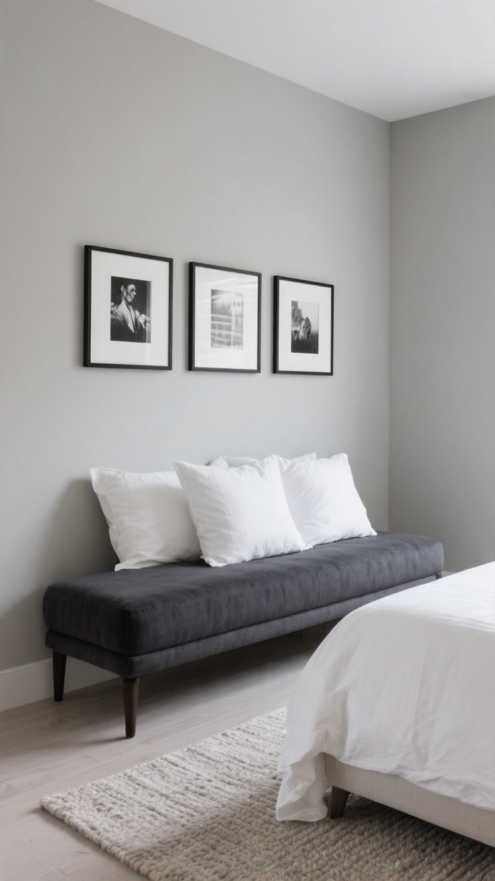 Medium shot: A sophisticated greige-walled bedroom corner with a charcoal upholstered bench at the foot of a bed dressed in white shams and crisp white bedding. On the wall above, minimal black-and-white prints in thin black frames are arranged in a clean line. Light is soft and even, emphasizing the balanced greige tone (medium depth) and the gentle contrast between charcoal textiles and white elements. Subtle textures in the bedding and a low-pile neutral rug anchor the scene. Photorealistic, slight corner angle.