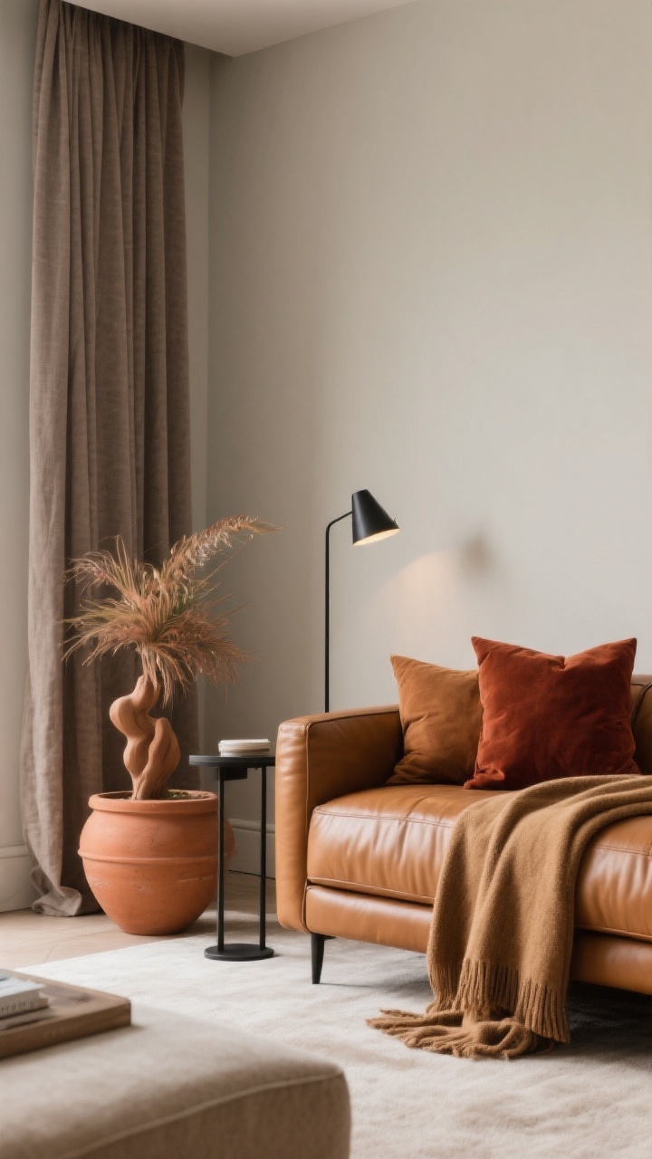 Medium shot: A tone-on-tone earthy living room vignette centered on cognac leather seating against soft greige walls; textiles include cinnamon and rust pillows, a camel throw, and taupe drapery; a terracotta planter with a sculptural plant sits beside the sofa; a slim black accent table lamp adds crisp contrast; warm, inviting lighting, photorealistic.