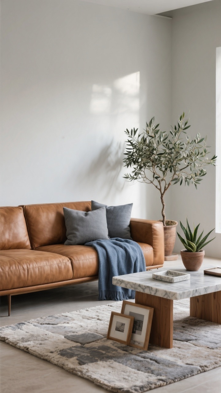 Medium shot balancing warmth and cool: cognac sofa styled with slate gray pillows and a blue-gray throw, a soft stone-colored rug underfoot, light oak or walnut side table and picture frames, small marble or stone tray on the table, and a potted olive tree or snake plant adding life; neutral daylight with a slightly cool tone to counter warmth; camera slightly angled to include plant, textures, and materials in one cohesive frame, photorealistic.