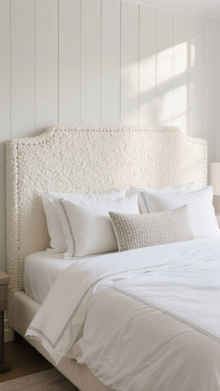 Medium shot centered on a refreshed headboard and crisp bedding combo. Feature an upholstered headboard in ivory boucle for luxe texture. Bedding is white with subtle gray piping; pillow stack includes two euro pillows, two standard pillows, and one long lumbar in a quiet pattern. The duvet insert is one size up so it drapes generously over the sides. Include a faint hint of DIY vertical slat paneling behind the headboard for added architecture. Soft, warm morning light, photorealistic.