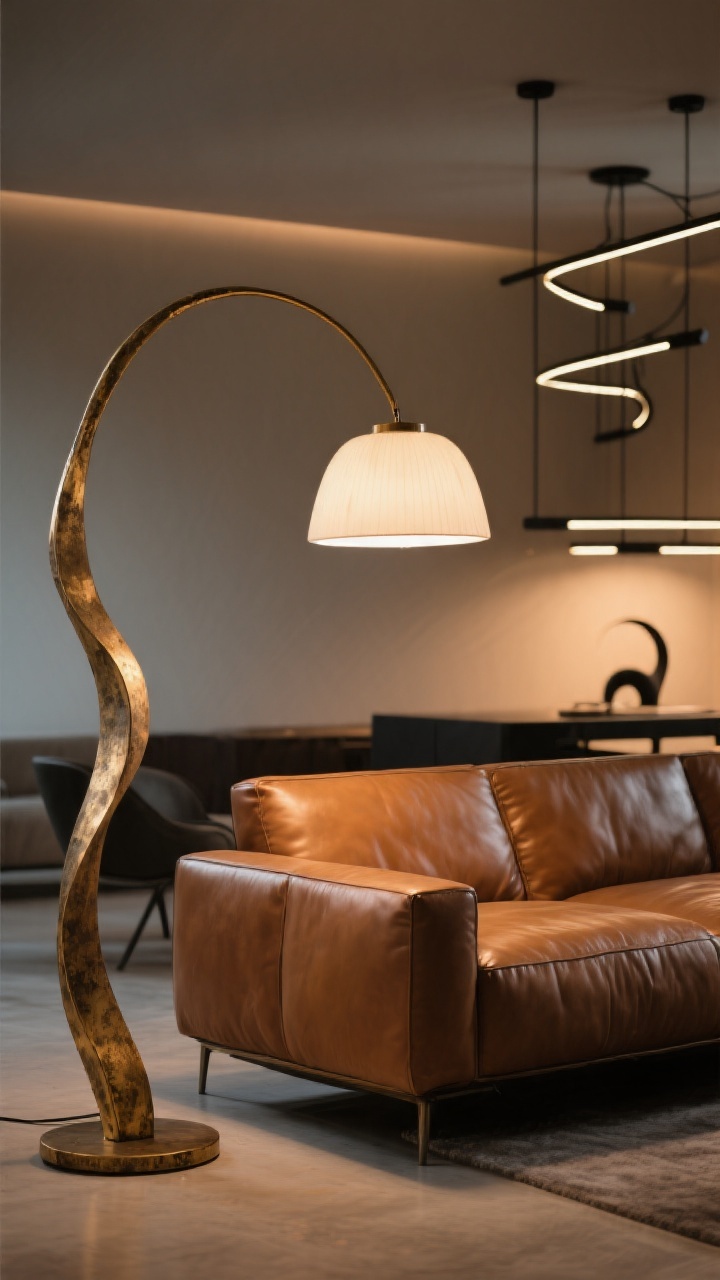 Medium shot: Cognac leather sofa illuminated by an oversized sculptural arc floor lamp with an aged brass finish and milk-glass shade; additional linear chandelier in matte black visible in the background; forms mix soft curves and crisp geometry for movement; dim, warm lighting set to 2700–3000K to make the leather glow; clean contemporary styling, photorealistic.
