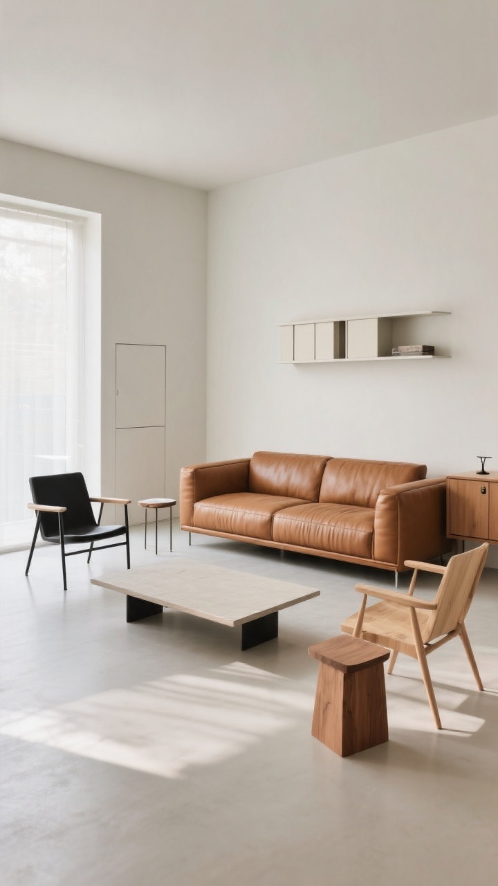 Medium shot, corner angle: An airy layout where the cognac sofa is floated off the wall for a designer look. In front, a low-profile rectangular coffee table at roughly two-thirds the sofa length keeps sightlines open. Flanking the scene, a pair of leggy open-arm accent chairs—one in black steel, one in light wood—maintain visual space. Side tables are mismatched by intention: one solid block form on one side, one delicate pedestal on the other. A simple storage console with closed doors (or a floating shelf with closed compartments) sits along the back wall to hide clutter. Natural, even daylight; pathways remain clear and the room feels balanced and breathable.