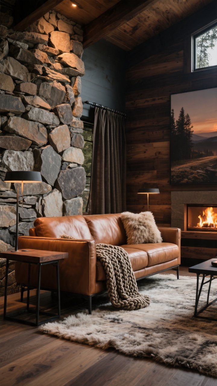 Medium shot, Cozy Cabin Modern with Stone and Wool: cognac leather sofa facing a stacked-stone focal wall; thick wool rug underfoot, cable-knit throw draped over the arm, and a faux-shearling pillow; medium-to-dark wood tones—walnut or smoked oak—visible in side tables; iron curtain rods and a blackened steel side table grounding the scene; optional large landscape print adding depth; evening, fire-warm ambient light with soft shadows, corner perspective, photorealistic