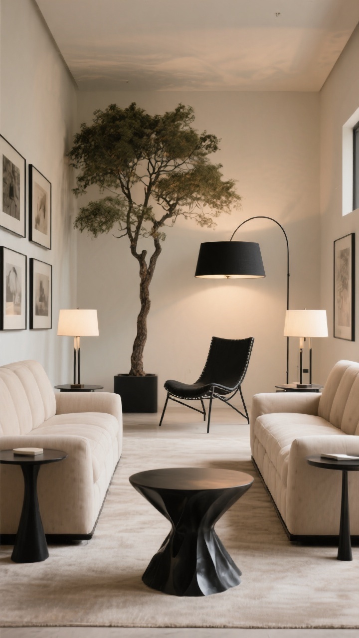 Medium shot demonstrating symmetry then a break: two matching sofas facing each other with twin side tables and paired floor lamps for order; symmetry is disrupted by an off-center sculptural lounge chair and an asymmetrical gallery grouping. Heights mix with a tall indoor tree and a towering statement lamp balancing low seating. Warm neutral palette with black metal accents, soft ambient light, slightly off-center camera angle to enhance the twist, photorealistic.