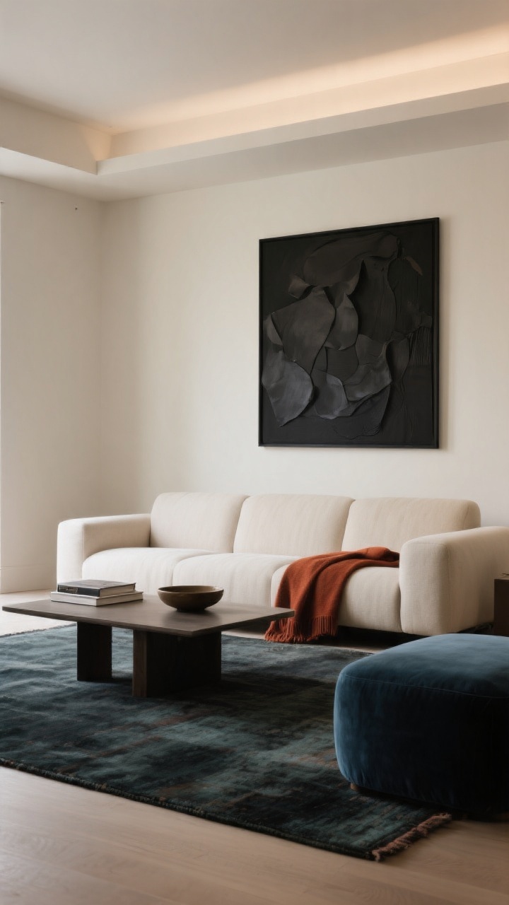 Medium shot emphasizing neutrals with one bold move: an oversized neutral sofa (warm white or mushroom) against soft neutral walls, with a single dramatic dark abstract art piece in an oversized black frame above; a moody rug underfoot and a coffee table styled minimally with one oversized tome and a low bowl; introduce a single accent color (rust, forest, or slate blue) via a throw or ottoman; crisp contrast under controlled, indirect lighting.