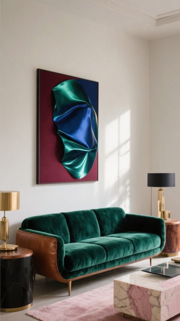 Medium shot focused on a jewel-tone velvet sofa as the undeniable focal point—choose emerald, sapphire navy, or garnet/burgundy—glowing with dimensional light. Calm walls in warm white or stone, a single bold art piece that echoes the sofa color, and complementary materials: brass with walnut and cream for emerald; matte black and cognac leather accents for navy; travertine and smoked glass with soft pink for burgundy. Directional natural light enhances the velvet’s light-reflective depth.