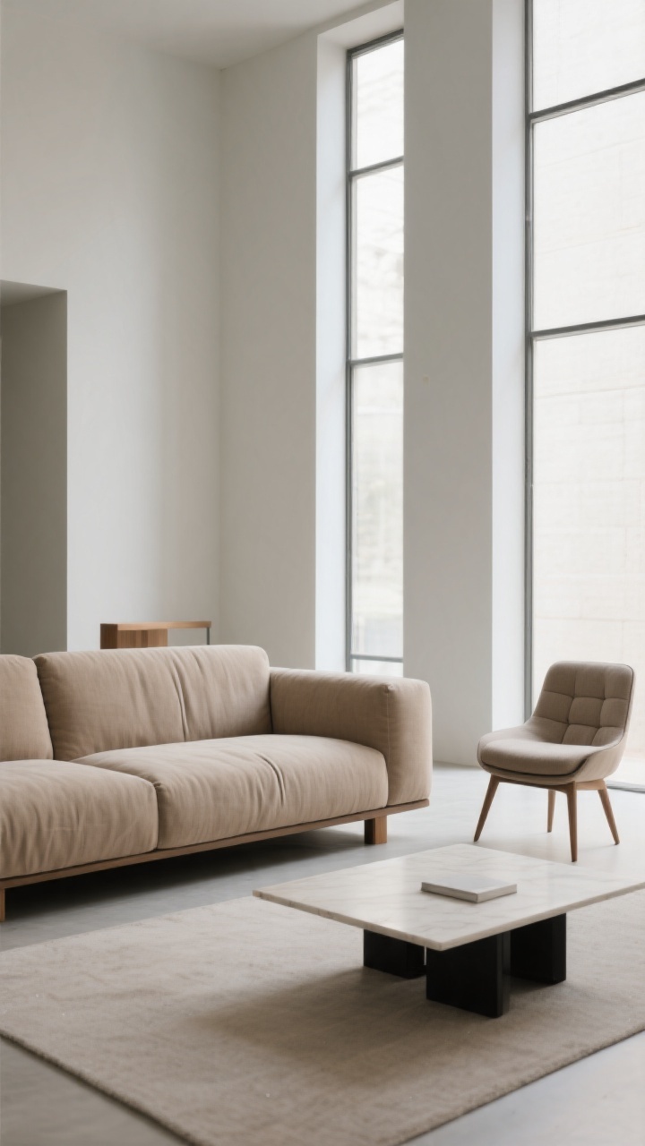 Medium shot focusing on a low-slung, wide oversized sofa in mushroom-colored linen with deep seats and slim arms, paired with a low coffee table and a sleek, leggy accent chair for contrast; clean, un-tufted seat cushions with crisp seams, simple matte black or natural wood feet that visually recede; tall windows in frame to emphasize verticality, calm, modern mood with diffuse daylight.