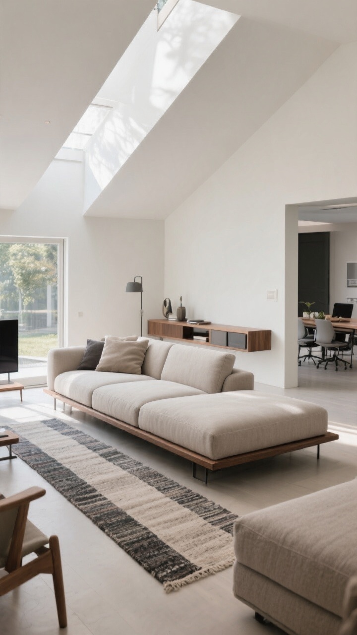 Medium shot focusing on an L-shaped sofa with a chaise, showing the chaise oriented to face a view or TV; clear zone definition in an open-plan space (living area subtly separated from dining/office); narrow console table behind the long edge of the sofa for storage and styling; runner-style rug layered alongside the chaise to guide foot traffic; flexible, comfortable seating mix of loungy and upright; bright, even daylight; angled from the room’s corner, photorealistic.