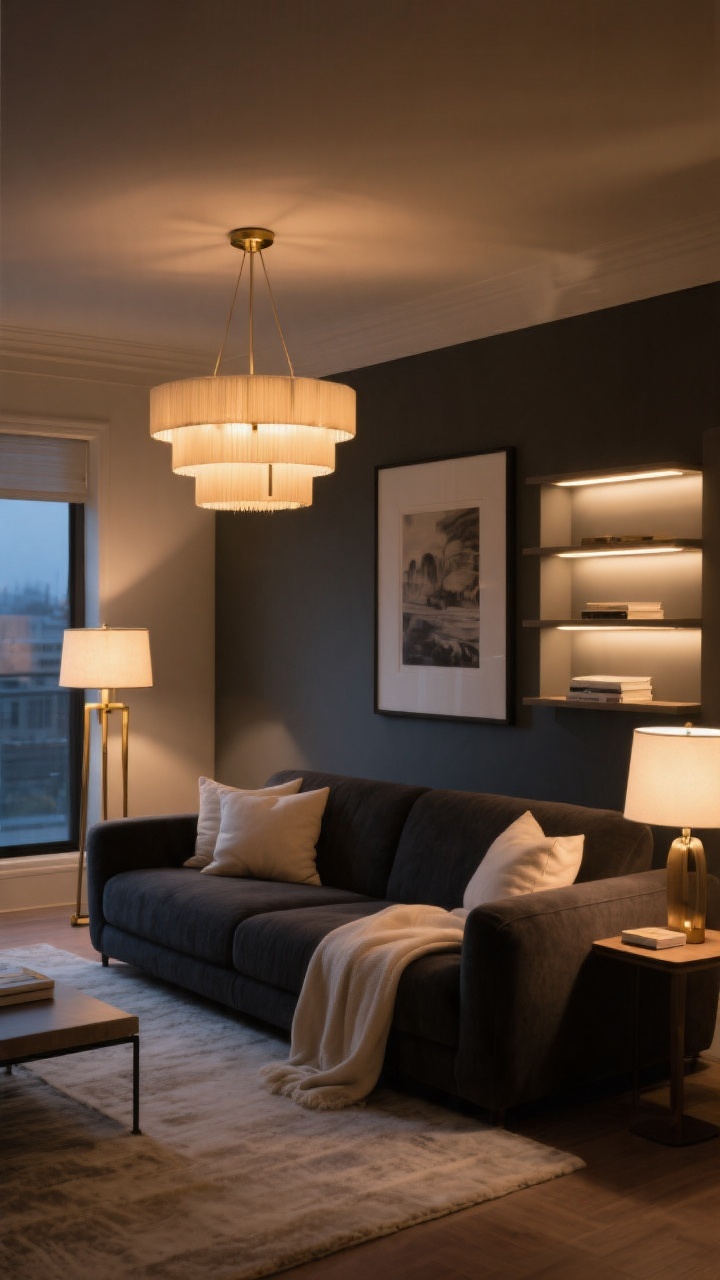 Medium shot focusing on layered lighting flattering an oversized sofa: three-layer setup with a dimmable chandelier (ambient), a brass floor lamp and a table lamp near reading spots (task, 60–75W equivalent), and picture lights over art plus LED strips in a shelving niche (accent); two light sources placed on opposite sides of the sofa to avoid dark corners; warm, cohesive color temperature at 2700K–3000K; dark sofa balanced with light textiles—pale rug, light throw, soft pillows—to bounce brightness; evening mood, no people