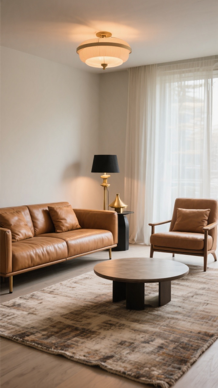 Medium shot focusing on lighting, layout, and leather care: camel leather couch floated on a large rug with front legs on; balanced by a substantial accent chair opposite; round or oval coffee table softening the linear sofa; layered lighting with warm 2700–3000K bulbs—overhead fixture plus brass-and-black table and floor lamps. Sheer curtains filtering direct sun; surfaces dust-free, cushions slightly rotated; serene, polished atmosphere.