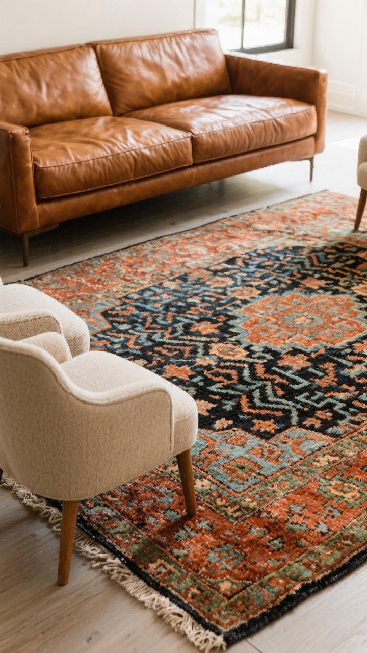 Medium shot focusing on the rug choice beneath and in front of a cognac chestnut leather sofa: a large 8x10 vintage-inspired Persian rug with hints of rust, muted blue, terracotta, and olive; front legs of sofa and chairs on the rug. Subtle geometric patterning that hides stains, avoiding pure black. Bright but diffused daylight keeps the room feeling lifted; the rug visually ties together the sofa and a pair of neutral chairs.