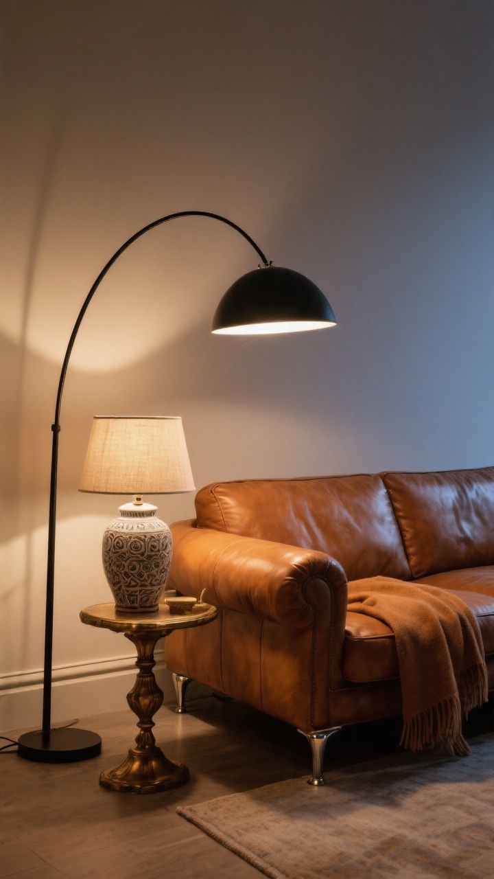 Medium shot framing the sofa with layered lighting: an arched matte-black floor lamp curving over one end of the cognac leather sofa, paired with a ceramic table lamp with a linen shade on a side table. Bulbs glow at 2700K–3000K warm white, visibly dimmable ambiance. Accents in aged brass and antique bronze echo the sofa’s warmth; if any chrome appears, balance it with a warm throw on the arm. Evening scene with flattering, cozy illumination that enriches the caramel tones of the leather. No people, photorealistic.