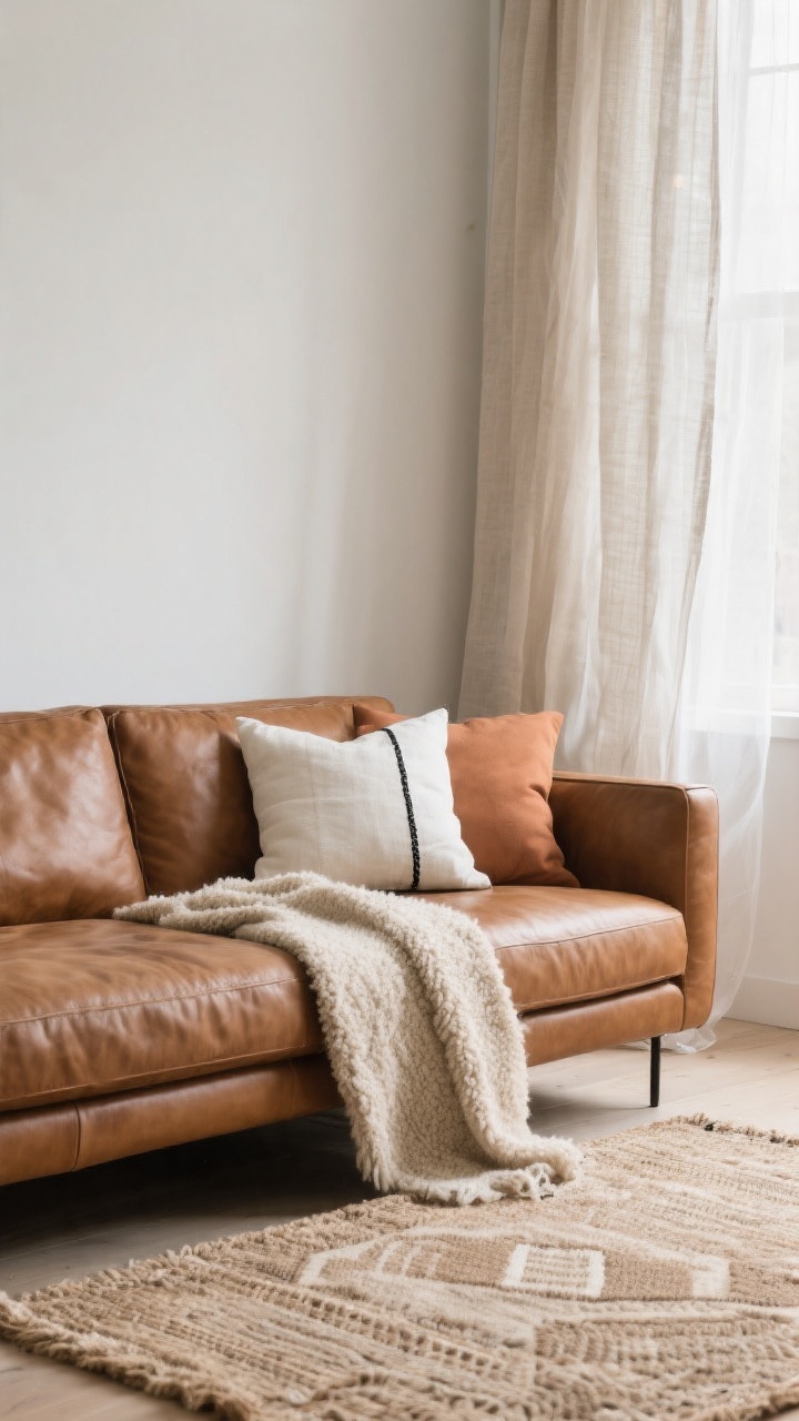 Medium shot from a corner angle: A brown leather sofa paired with rich textures—light wool or jute flatweave rug with subtle pattern, an oatmeal bouclé throw, ivory and clay-toned linen pillows including one with fine black piping. Sheer flax linen curtains billow slightly in a breeze, softening natural light. Focus on tactile depth without clutter; a few “texture heroes” carry the scene. Photorealistic, calm Scandinavian styling.
