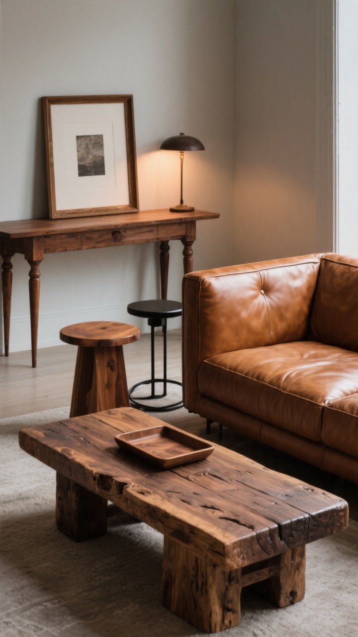 Medium shot from a corner angle: A cognac leather sofa paired with a chunky, low-profile rustic wood coffee table in walnut or reclaimed oak with visible grain; one side table in matching warm wood and the other a painted or slim black metal accent to avoid a matchy look; a vintage-inspired wood console with tapered legs behind the sofa; subtle repeats of the wood tone in a picture frame and tray; evening ambient light for a refined, grounded feel.