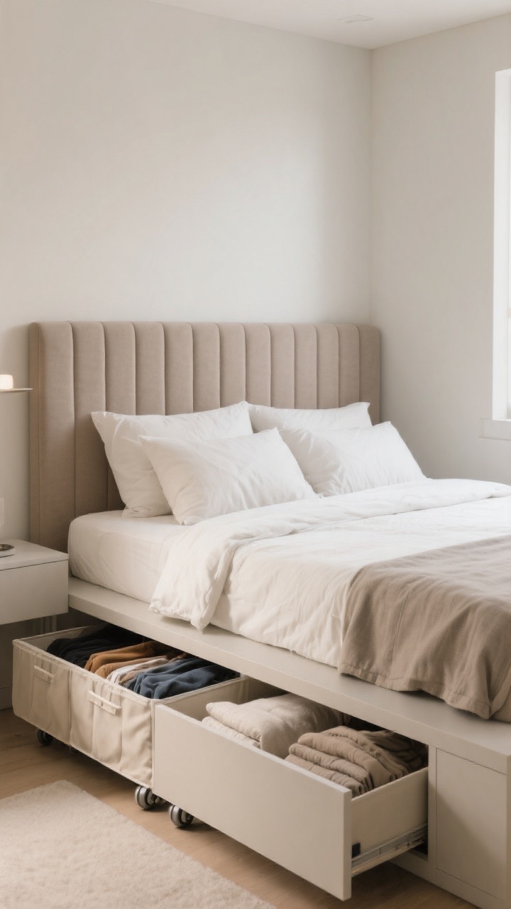 Medium shot from a corner angle: a compact modern bedroom centered on a low-profile platform bed with built-in drawers slightly open, storing neatly folded off-season clothes and extra pillows. Neutral, tailored linen-upholstered, channel-tufted headboard in soft taupe; bedding in tonal warm whites and greige. Balanced mattress height—no chunky footboard. Include discreet under-bed rolling fabric bins partially visible to suggest renter-friendly storage. Soft ambient light, clean lines, photorealistic.