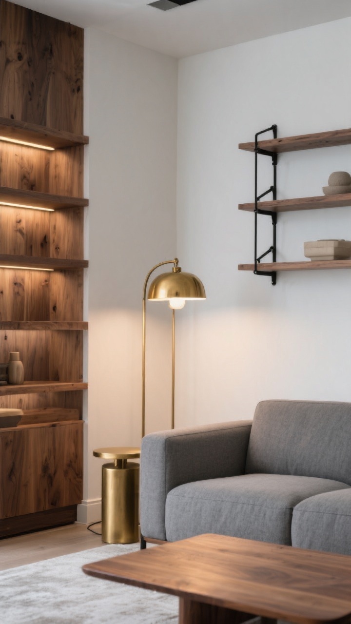 Medium shot from a corner angle: a grey sectional paired with a walnut coffee table, brass side table, and a brass floor lamp with an antique gold finish. Open wood wall shelving with matte black brackets holds a few neutral objects. White walls and cool-toned room elements are warmed by the wood grain and brass gleam. Evening ambient lighting plus the brass lamp casting a warm glow onto the sectional and table surfaces. Photorealistic, no people.