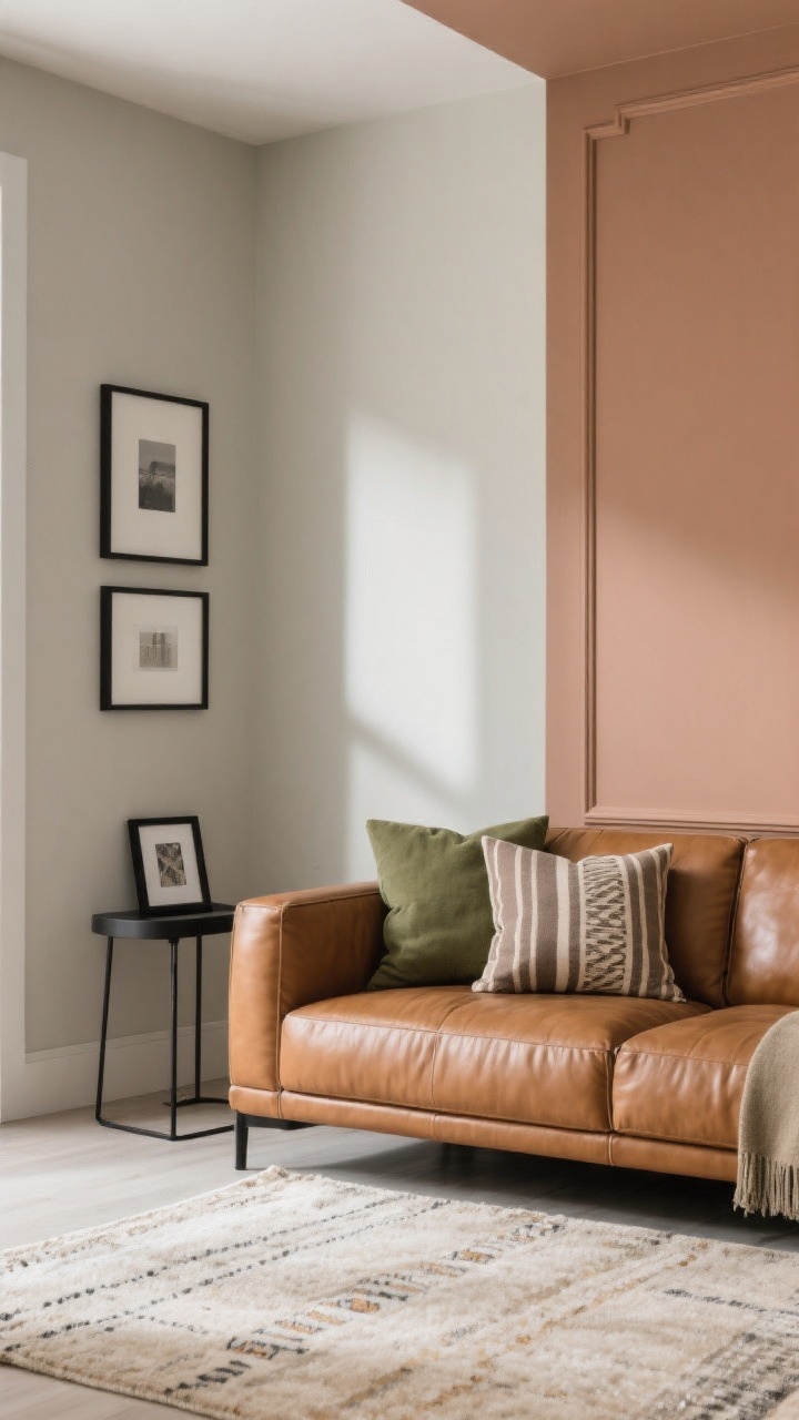 Medium shot from a corner angle: An earthy-modern living room featuring a cognac leather sofa against soft greige walls, with a muted clay accent wall visible on one side. Use textiles in sage, olive, taupe, and sand with subtle thin stripes and tiny geometric patterns on pillows and rug. Include a black metal side table and black picture frames for crisp contrast. Optional drama: deeper beige/mushroom-painted trim with lighter walls. Balanced natural light with gentle shadows, clean lines, photorealistic.